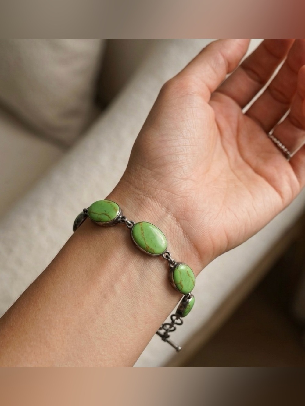 Sterling Silver Green Turquoise
Link Bracelet Southwestern Inspired Statement - Picture 2 of 7